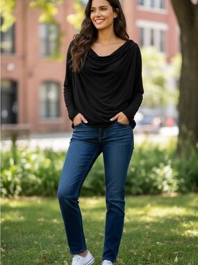 Three Dots Black Draped Long Sleeve Tee NWT Size Small